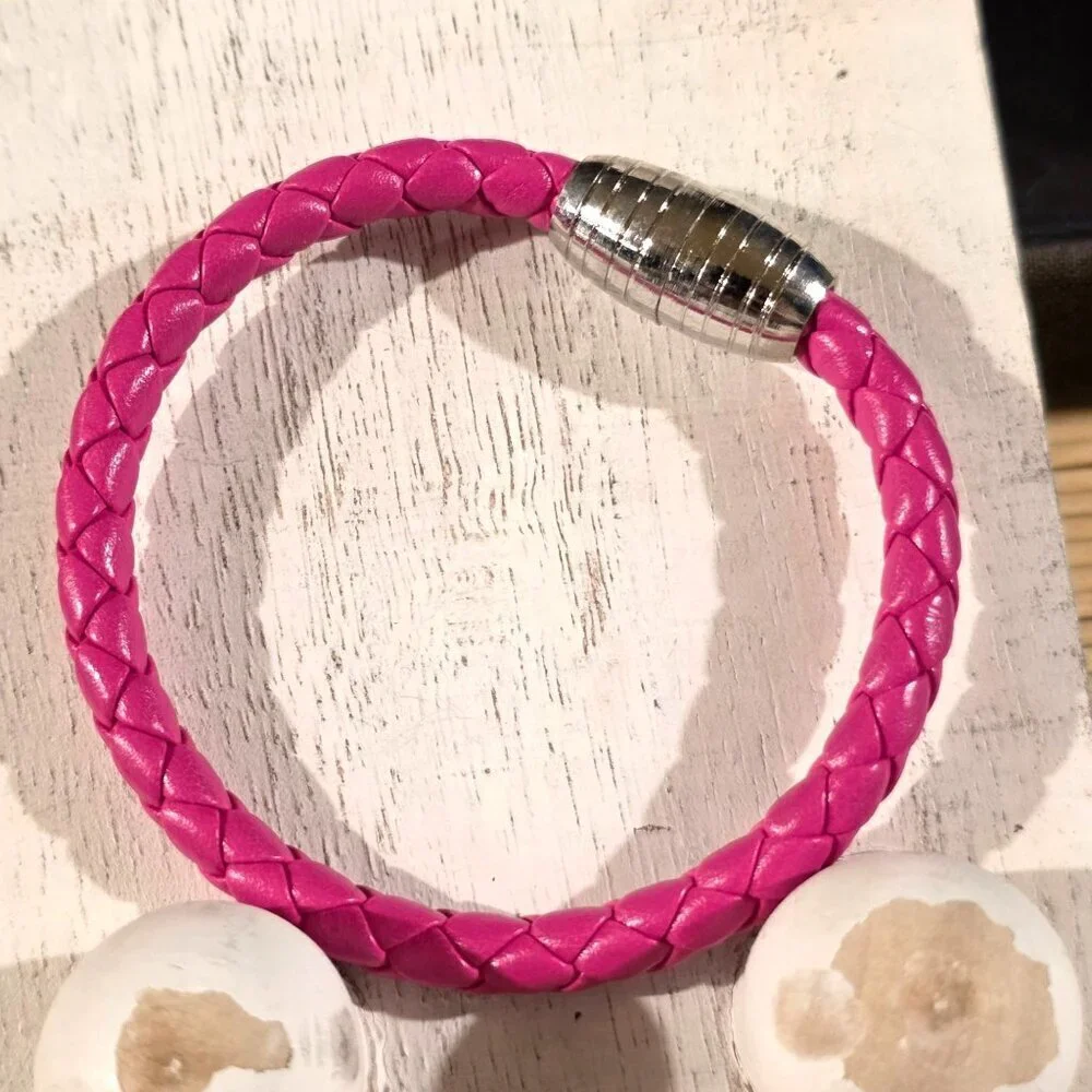 Braided Thick Dark Pink Vegan Leather Magnetic Clasp Bangle Bracelet